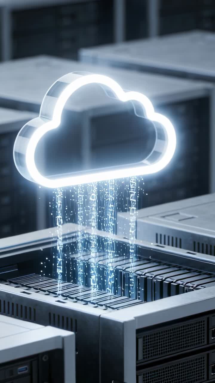 Vertical video: Appearing luminous hologram cloud over racks, sending data into open server bay
