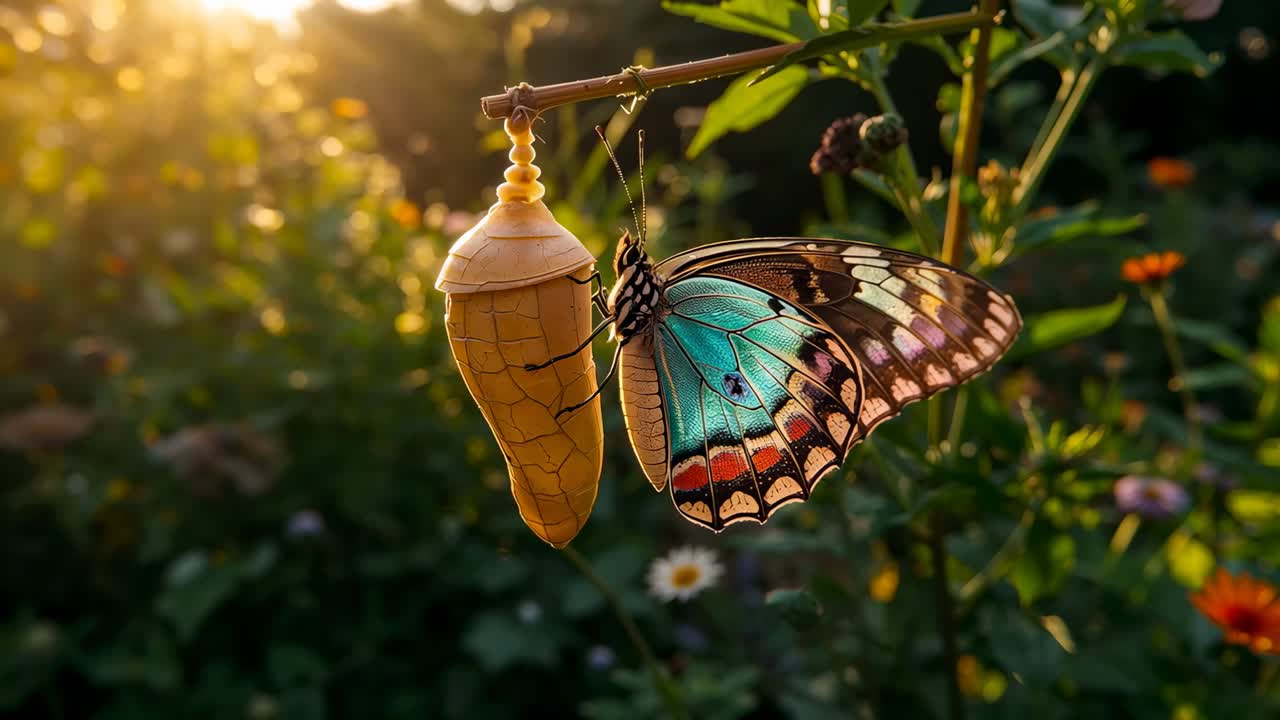Farfalla adulta appollaiata che sistema e asciuga le ali su una crisalide su un ramoscello in giardino, il sole scalda le scaglie
