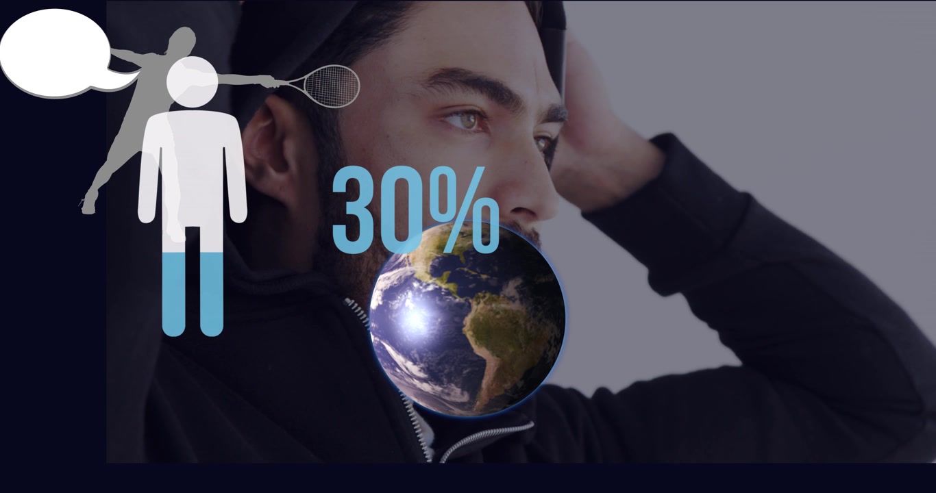 Animation of icon with growing number and globe over caucasian man
