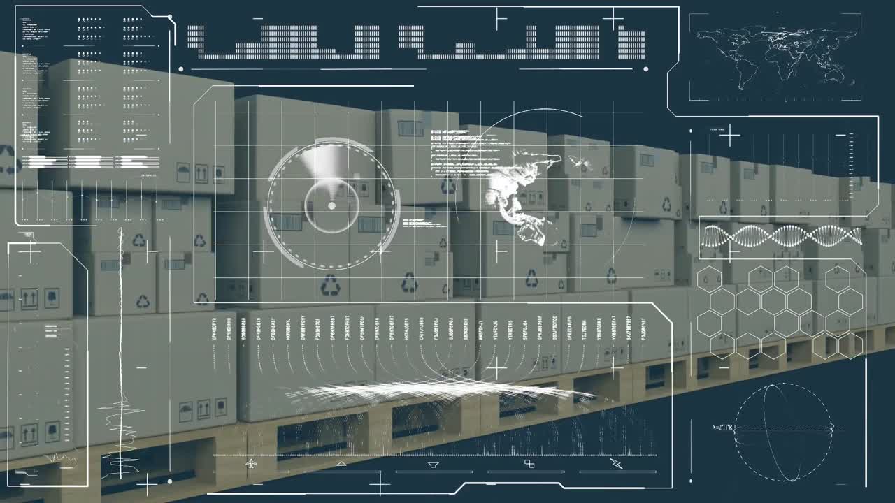 어두운 배경에 있는 상자 위에 디지털 데이터 처리의 애니메이션.
