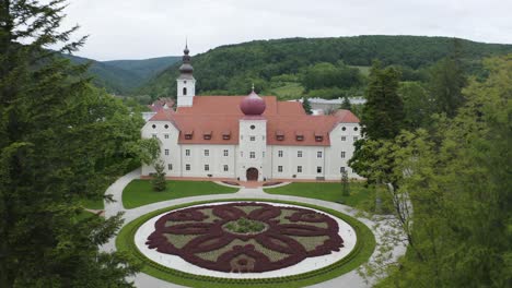 landscaped garden in front of turkovic castle in kutjevo, croatia