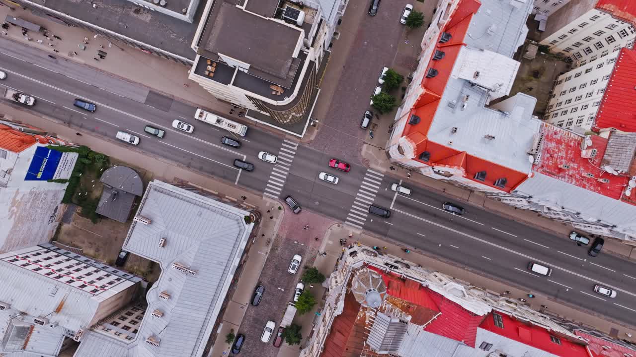 Overhead drone view of Riga intersection used as symbol of NATO security tension