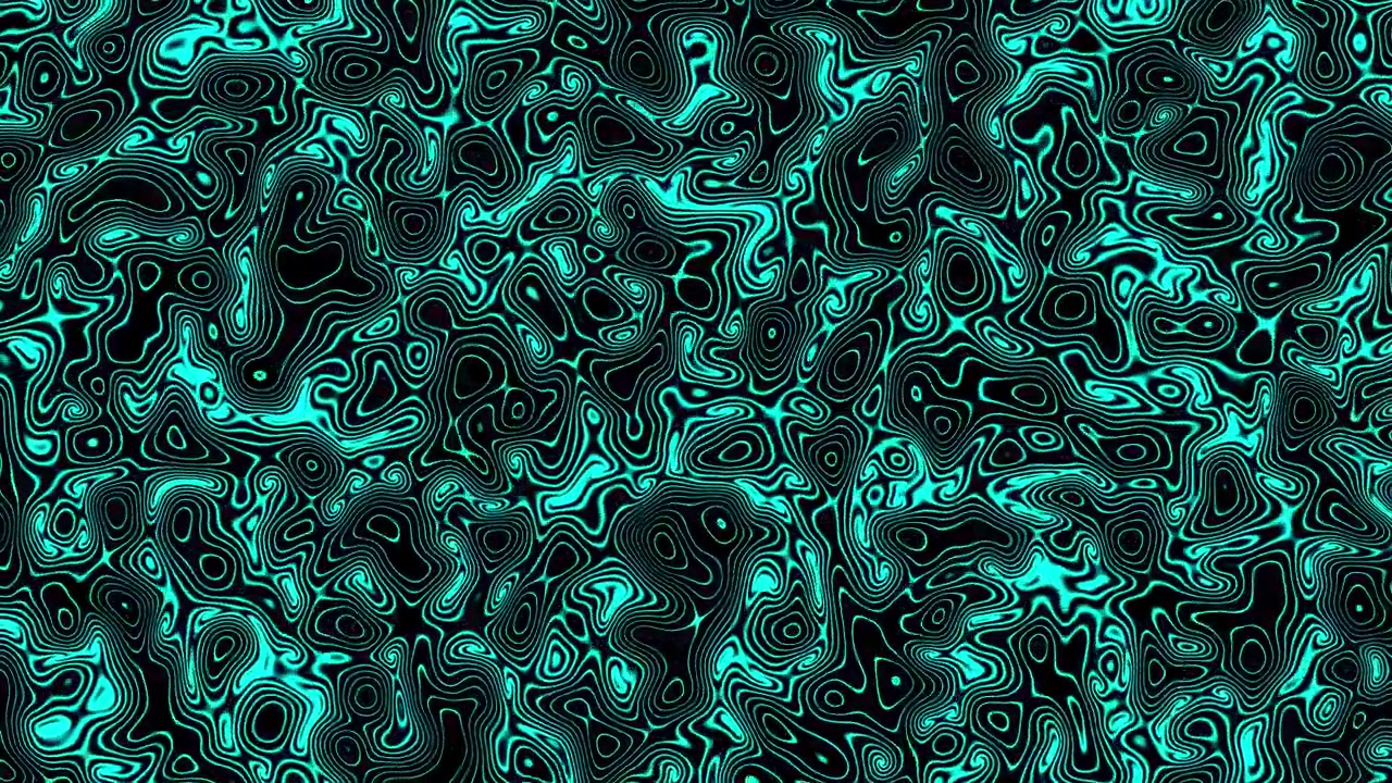 Video of abstract cyan glowing liquid texture with wavy lines on black background