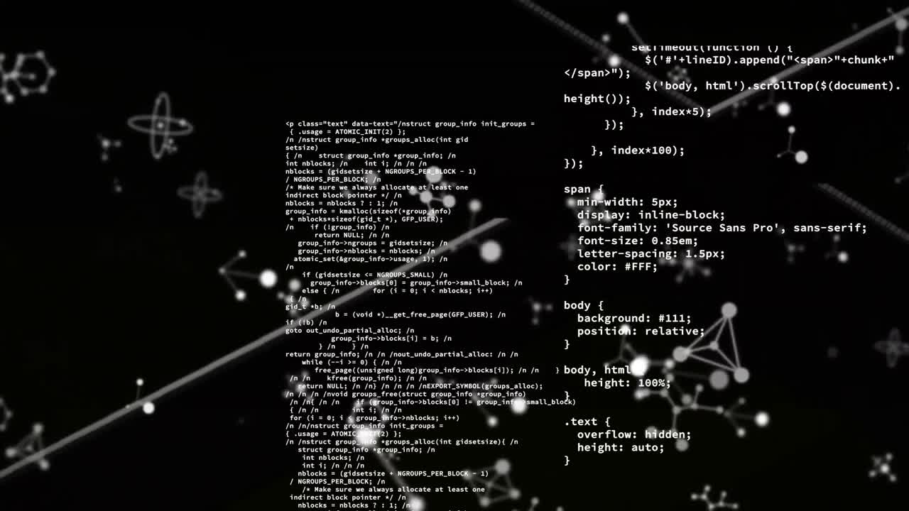 animatie van gegevensverwerking met moelcules op zwarte achtergrond