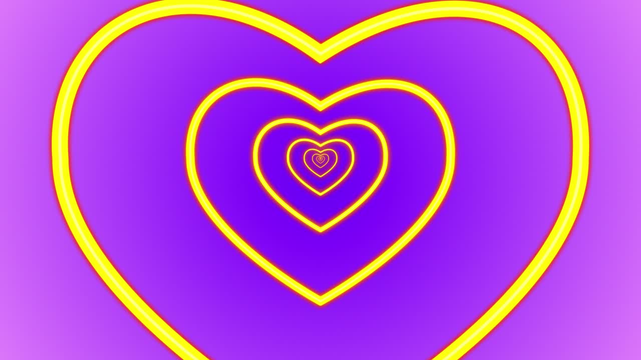 심장 로맨스 사랑 애니메이션 발렌타인 데이 네온 라이트 터널 포털 비주얼 효과 배경 추상적인 색상 보라색 노란색