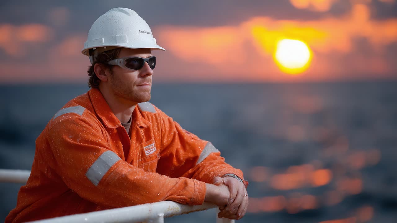 A contemplative worker gazes at a stunning sunset over the ocean, showcasing the beauty of nature and the spirit of dedication in a maritime environment