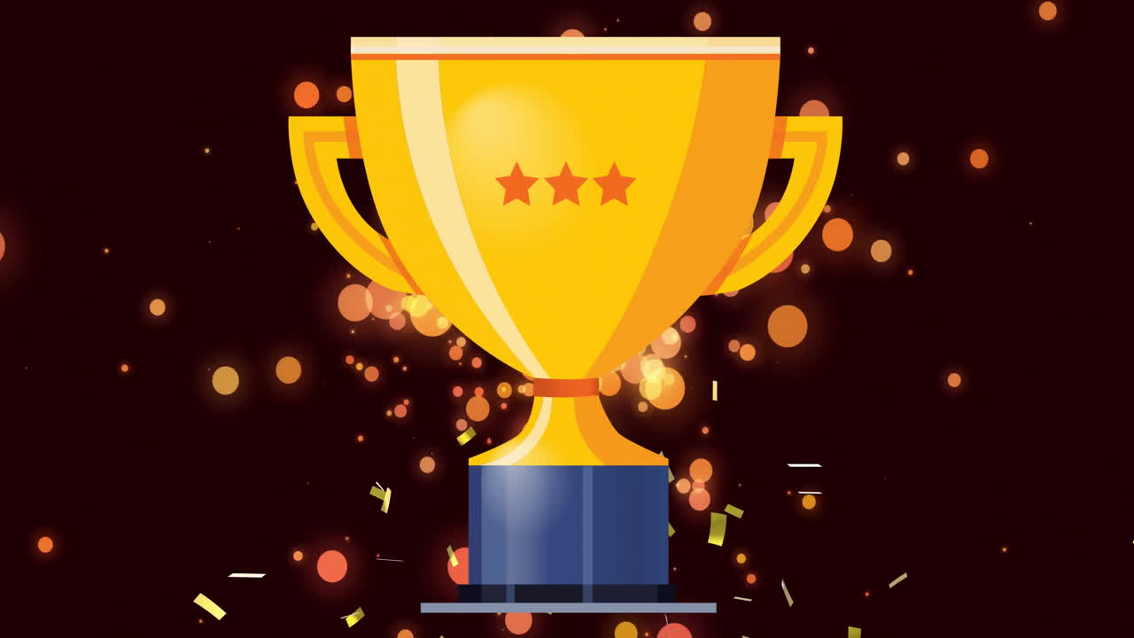 animación de confeti dorado y manchas de luz naranja sobre el trofeo dorado sobre fondo negro