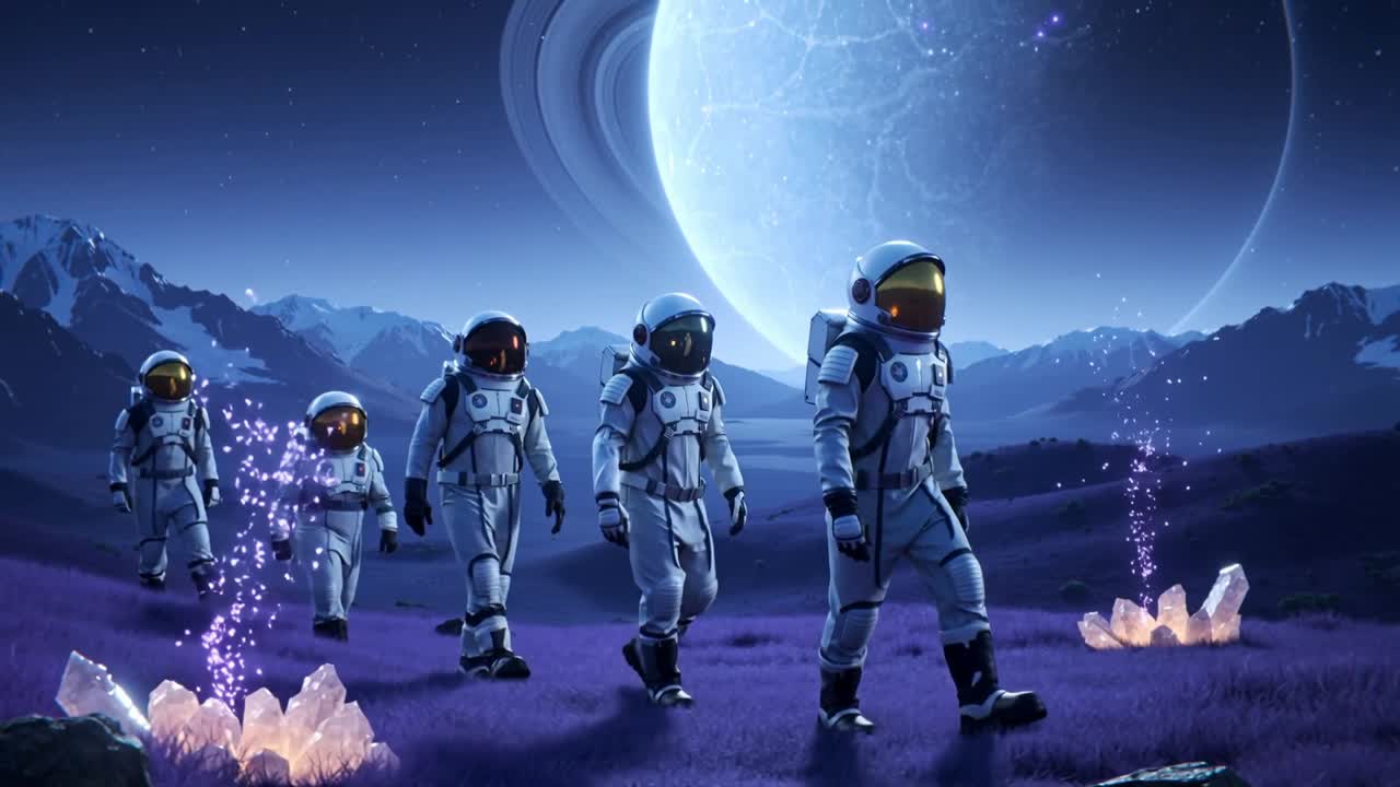 Fem besetningsmedlemmer i dresser går over en slette under en ringet planet, nærmer seg krystaller som gnistrer og gløder mens de undersøker.