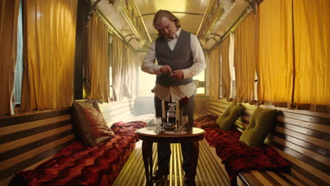 a gentleman prepares for a romantic dinner in a vintage train car