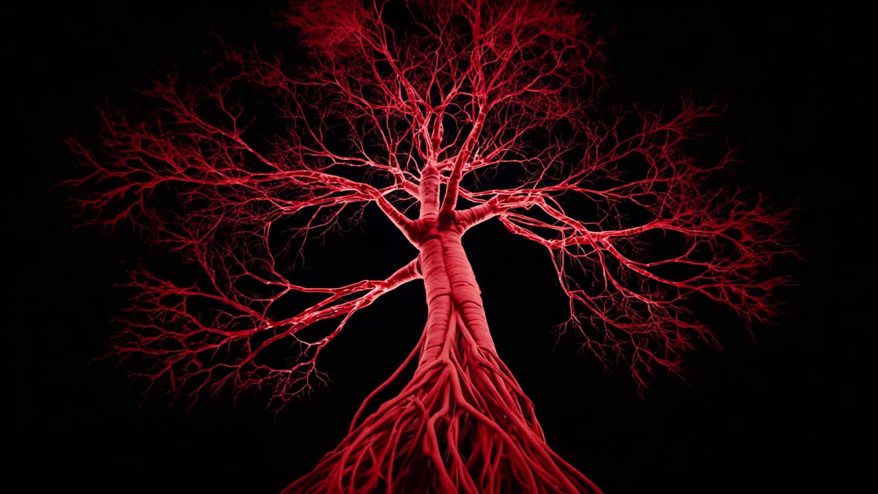 A Stunning Visualization of a Tree with Luminous Red Branches and Roots Against a Black Background, Symbolizing Life, Growth, and Connection in a Captivating Artistic Expression