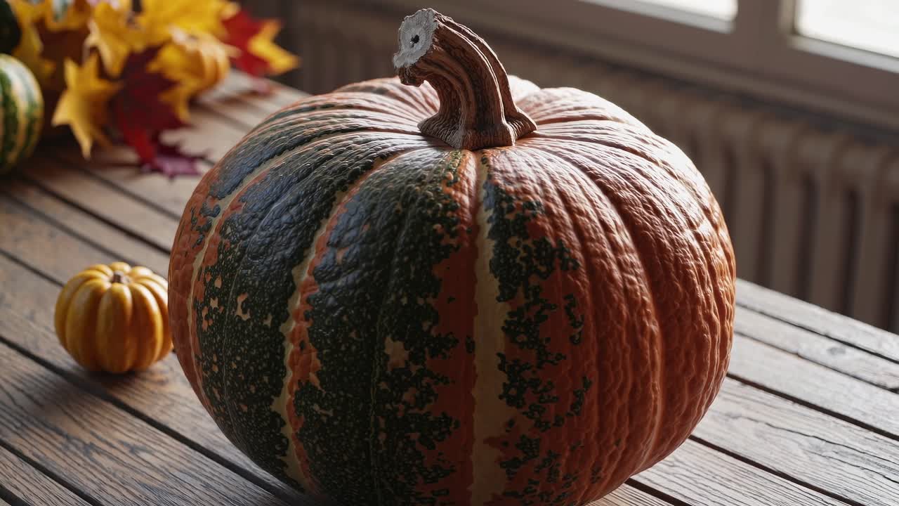 Close-up video of a rustic autumn scene with a large pumpkin on a wooden table, captured from a side