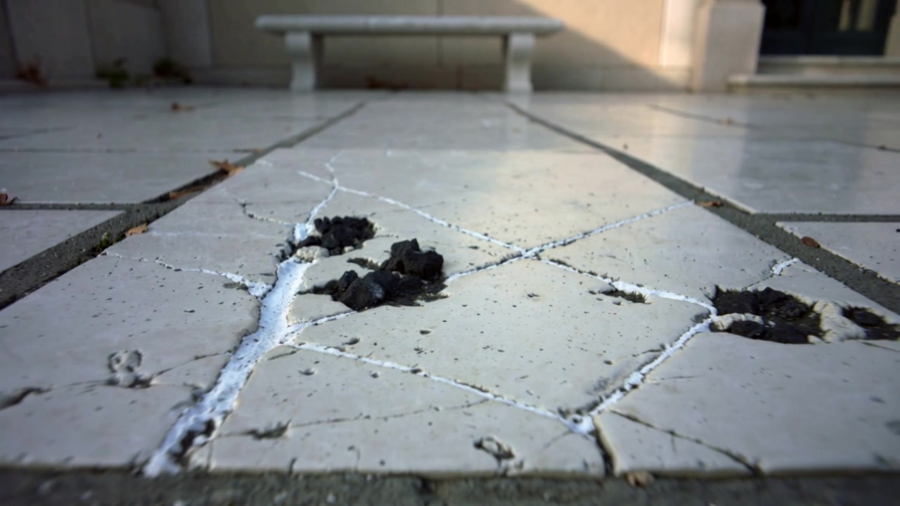 La telecamera si allontana rivelando piastrelle bianche incrinate nel cortile per mostrare i danni, con detriti e un buco.