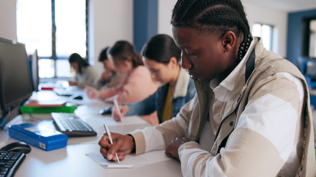 Students taking a test in a computer lab