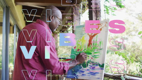 animation of vibes text over african american man painting