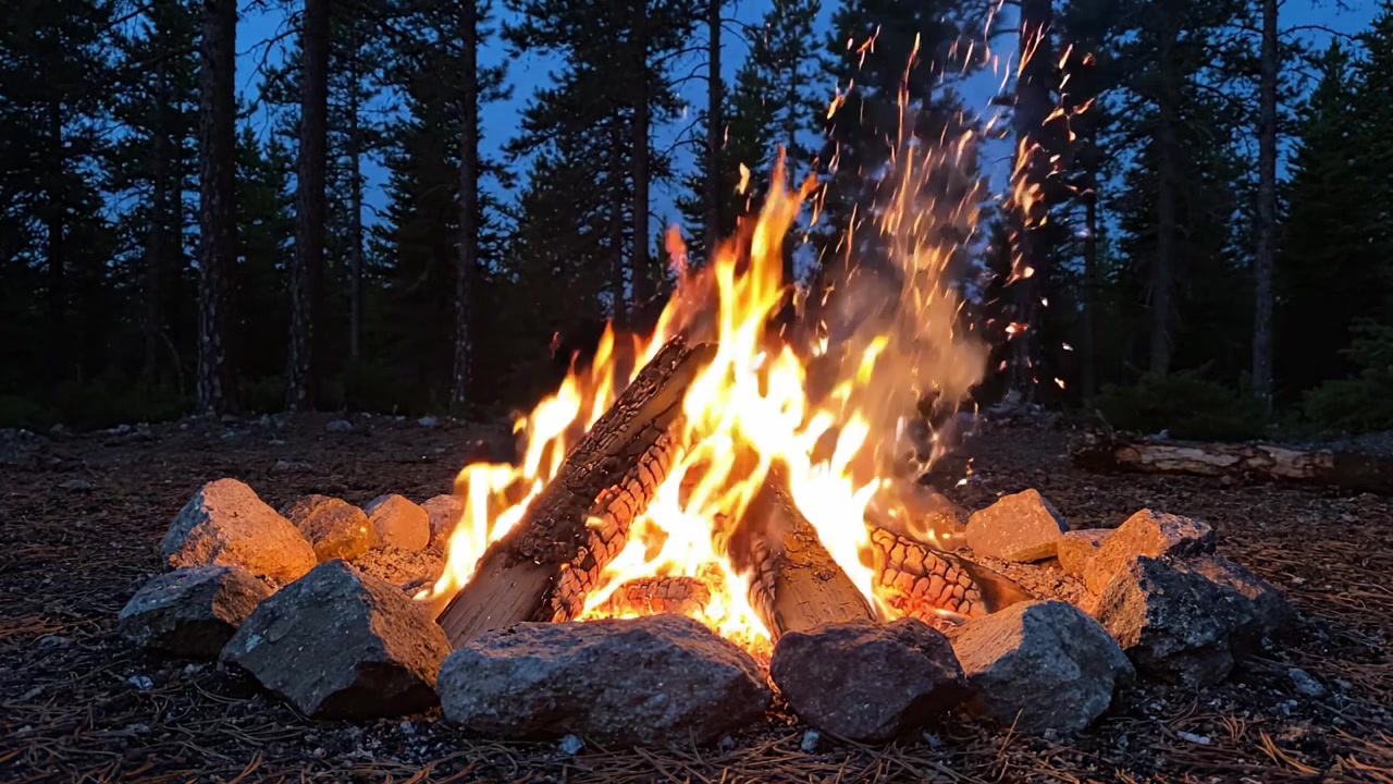 Un Falò Caldo e Accogliente Brilla nella Foresta, Circondato da Alberi Alti e Cielo Notturno, Perfetto per Riunioni Intime e Avventure all'Aperto