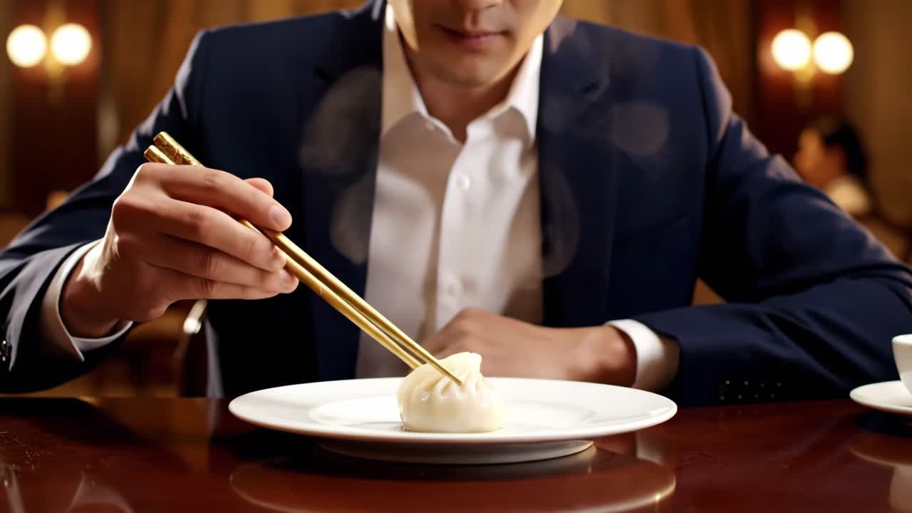 Man holding a dumpling with chopsticks