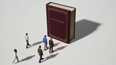 miniature figures engaged in the pursuit of knowledge from a giant book