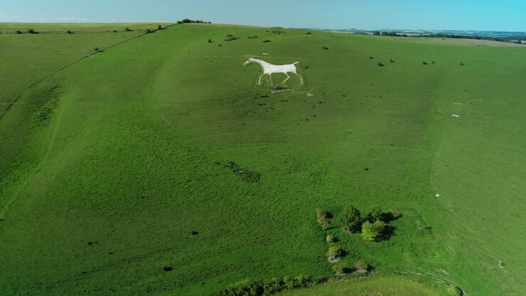 Veduta aerea della campagna, che mostra l'opera d'arte in gesso del cavallo bianco di Alton Barnes, verso un punto di riferimento agricolo