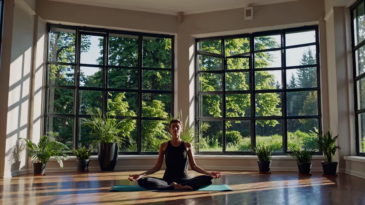 Un sereno video di yoga con una visuale grandangolare di una persona che medita in una stanza illuminata dal sole
