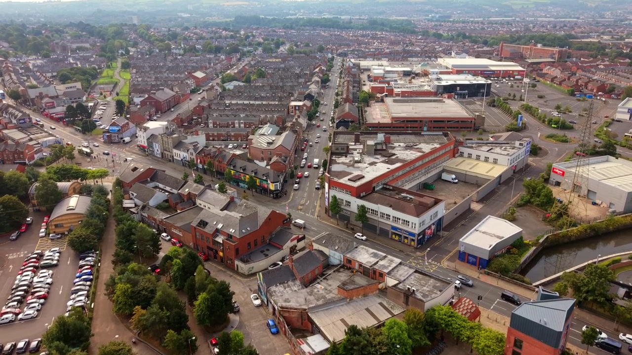 Overhead advancing 4K 25FPS (slow motion aerial) video of CS Lewis Square and the Newtownards Road in East Belfast, Northern Ireland, UK. Produced in 3840x2160 with Rec709 colour.