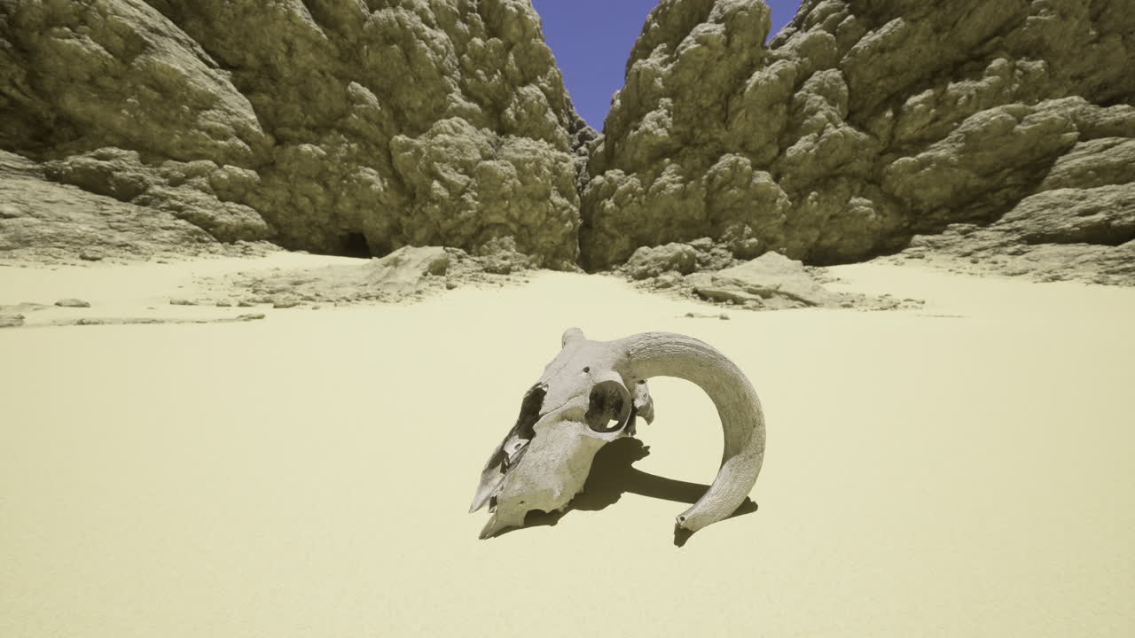 Desert landscape featuring a ram skull against rocky formations