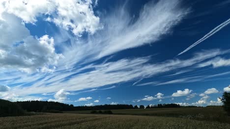 Nubes-De-Cielo-De-Verano-En-Movimiento-Rápido-Sobre-Campo-De-Cultivo-Dorado-Polarizado