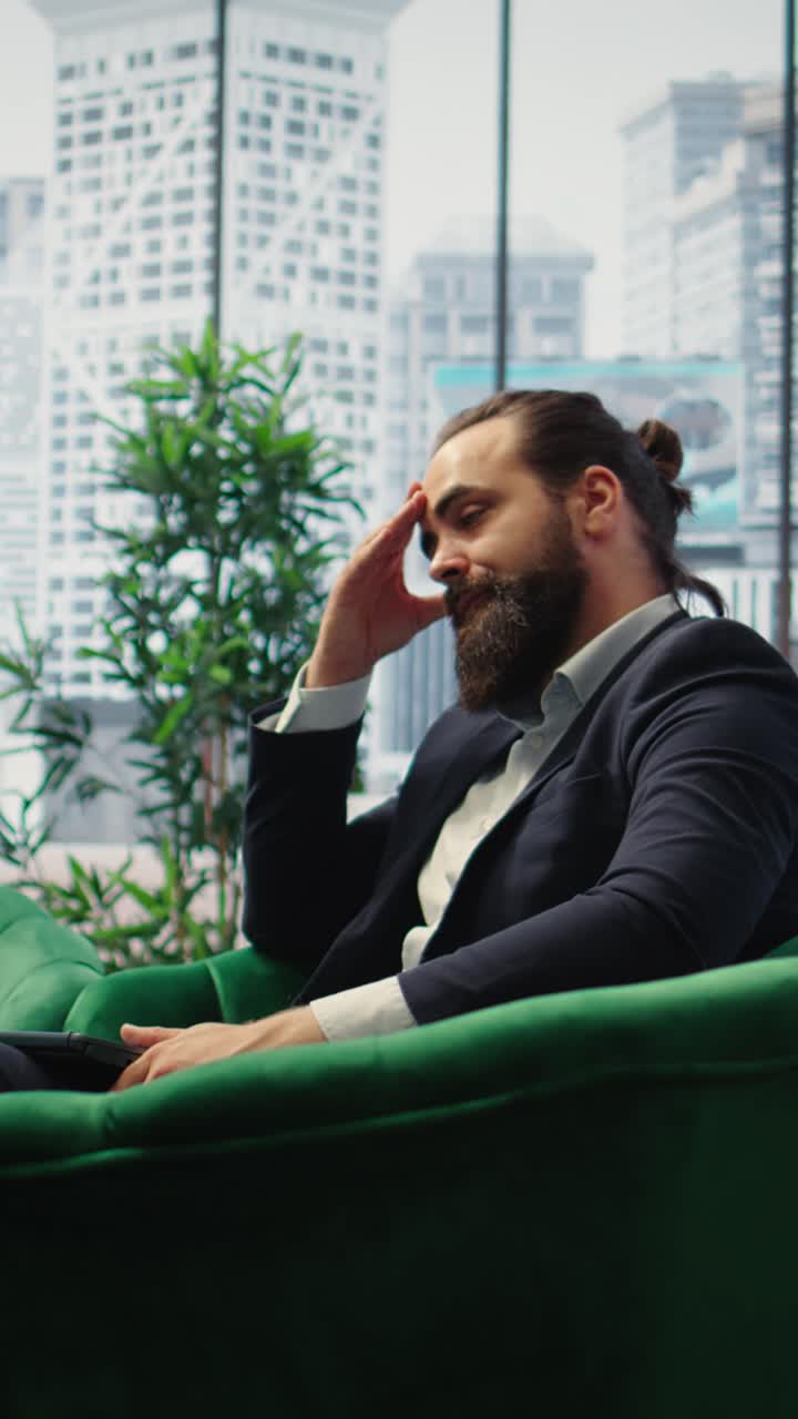 Vertical Video Hopeless male CEO sighing in dissatisfaction due to ...