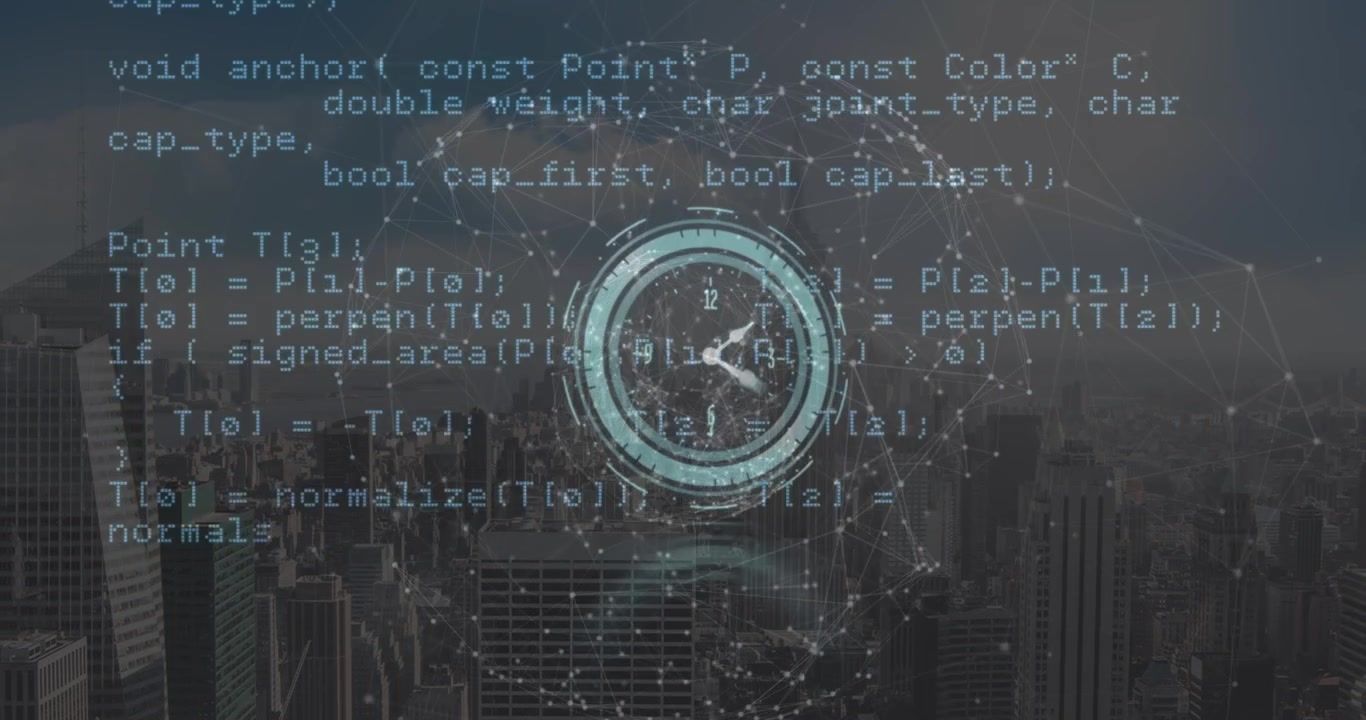 Animation of clock, globe and data processing over cityscape