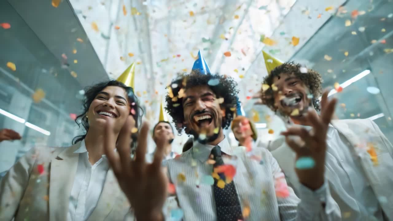 Celebração alegre com chapéus de festa e confetes: um grupo divertido de amigos celebrando a felicidade em um ambiente interno animado, repleto de decorações coloridas e risadas