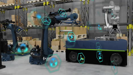 animation of ecology icons over machines in warehouse