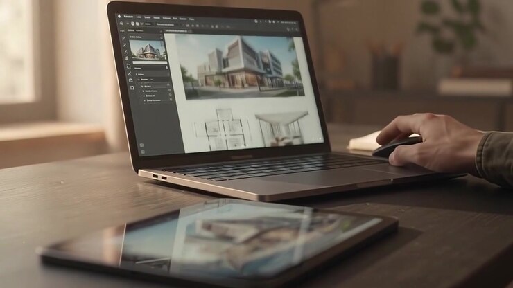Arquiteto trabalhando no projeto de um edifício usando tablet e laptop