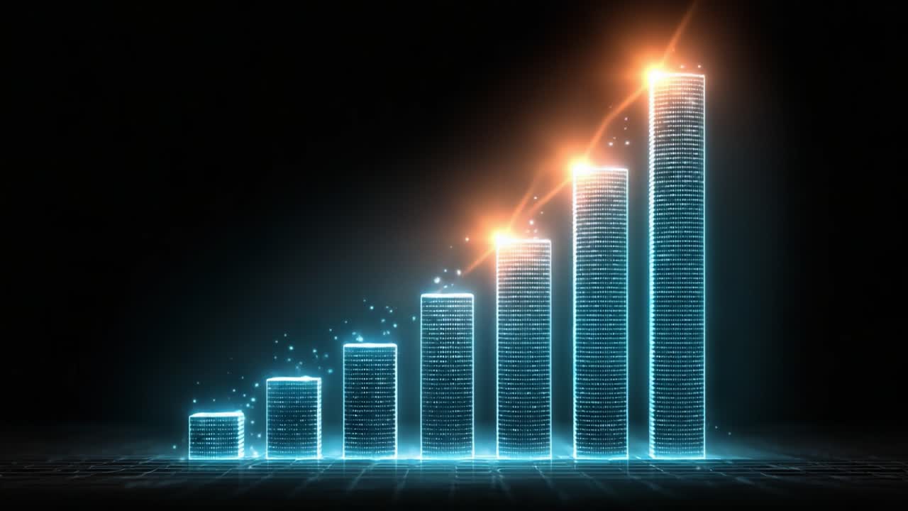 A Stunning Visualization of Progress: A Series of Ascending Graph Bars Illuminated by Bright Sparks, Showcasing Growth and Success Over Time in a Futuristic Style