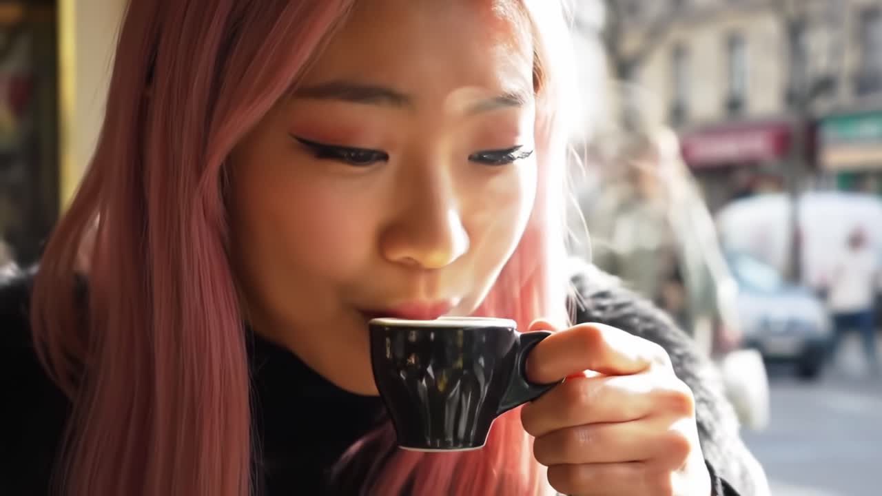 A Moment of Bliss: Enjoying a Delightful Espresso with a Serene Expression in a Charming Caf? Setting