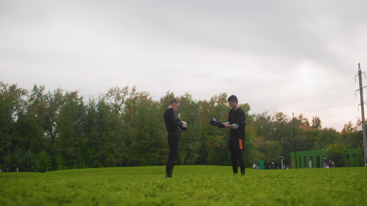 two people exchanging package in park, standing on grassy field under overcast sky, tree line background, casual jackets and boots, calm dusk mood, friendly gesture and quiet conversation, wide frame