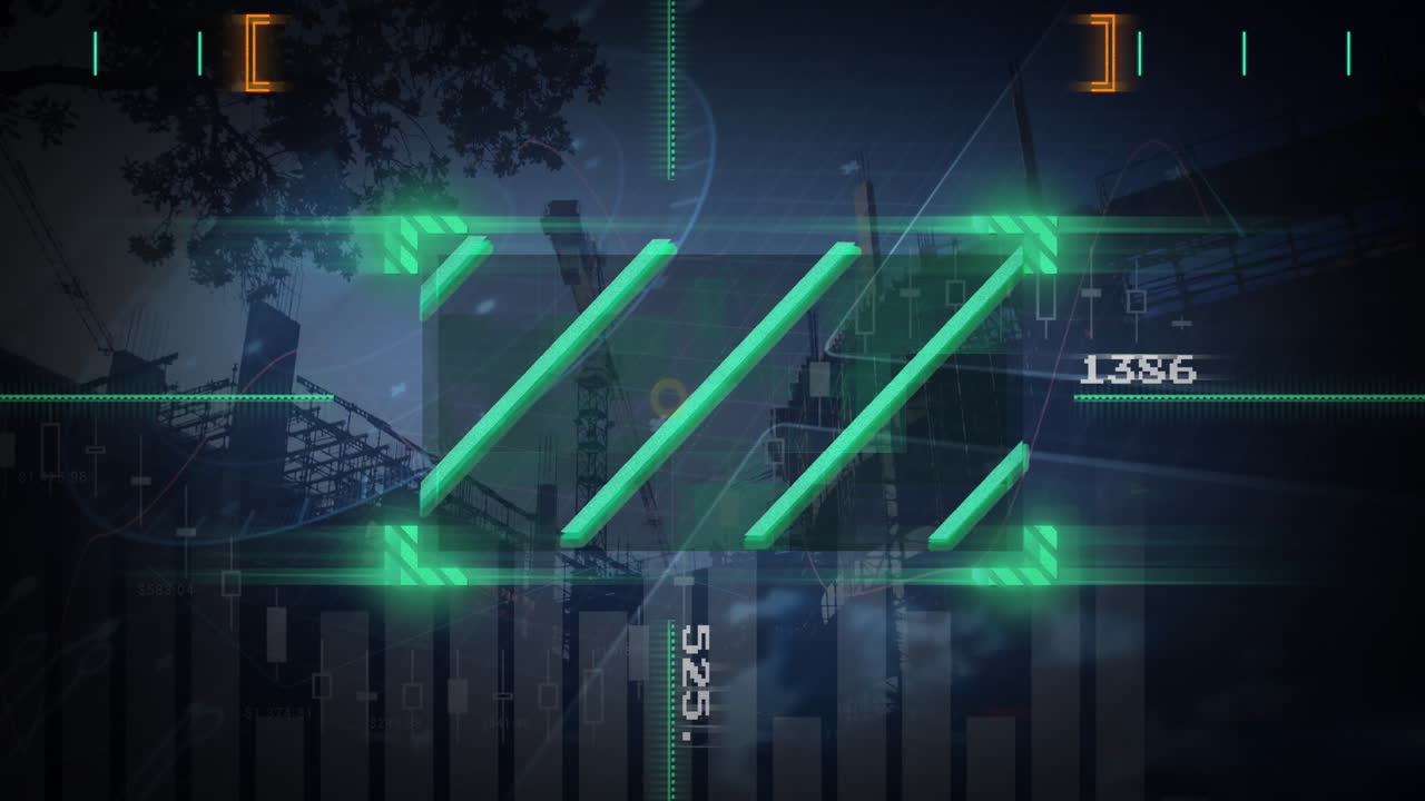 Green digital interface animation over construction site with cranes and scaffolding