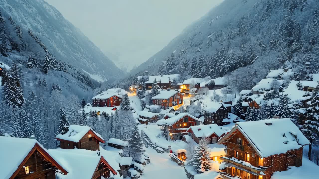 pueblo alpino cubierto de nieve por la noche