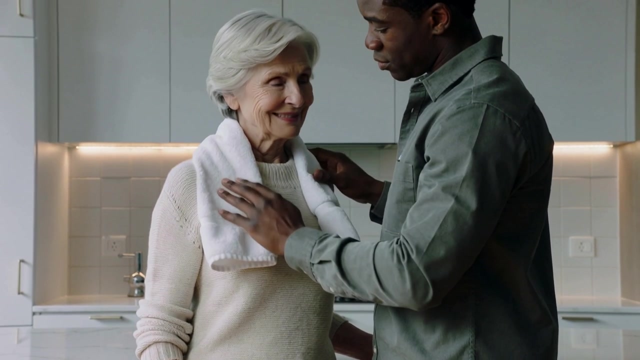 Bringing white towel, man in green shirt adjusting around senior in sweater for comfort at kitchen