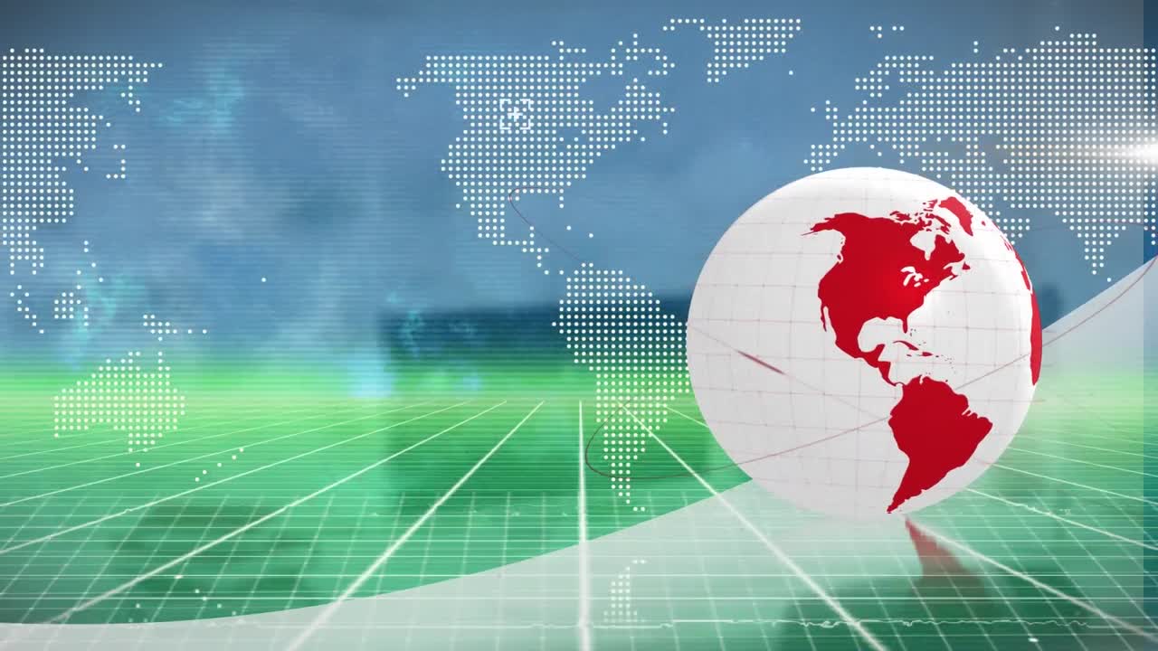 지구, 세계 지도 및 디지털 공간의 애니메이션 오픈 스페이스 오피스