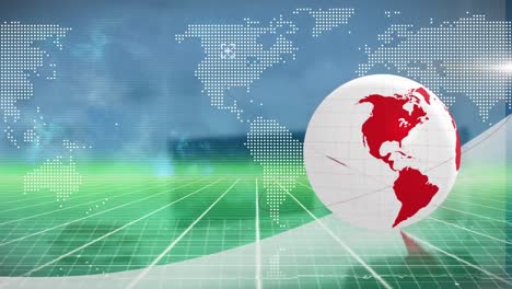 animation of globe, world map and digital space over open space office