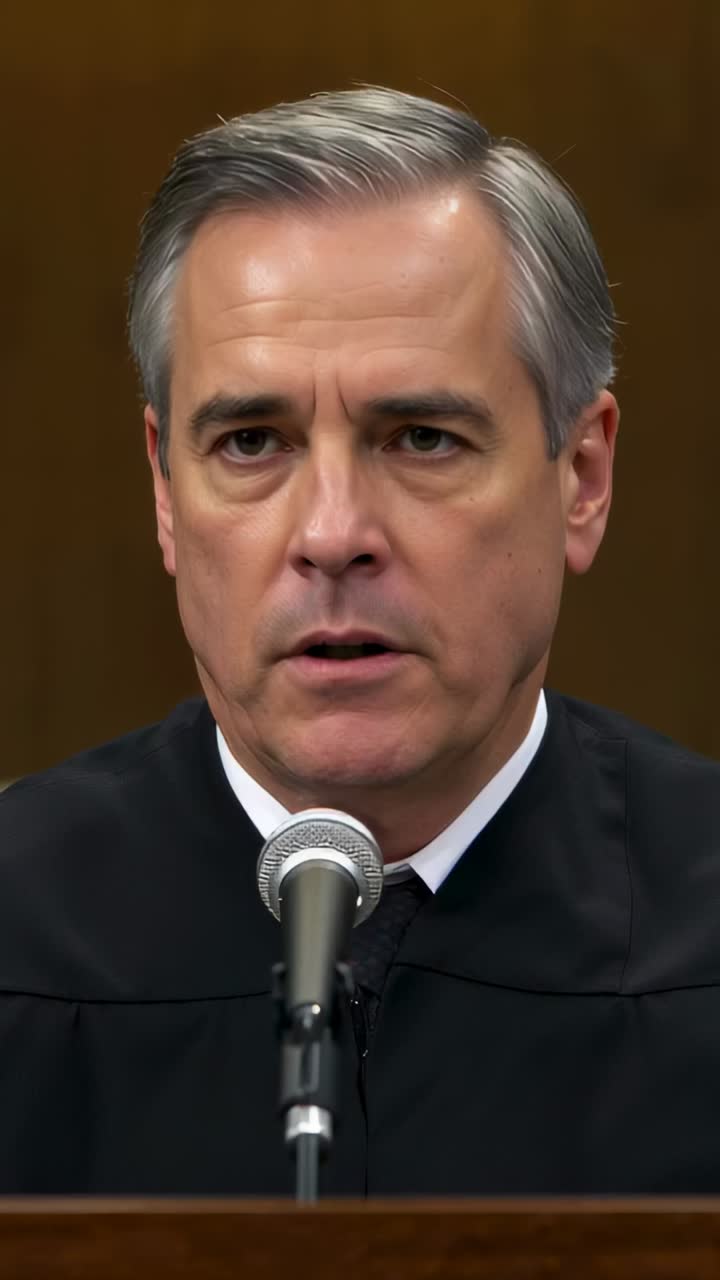 Vertical video: Hearing question, judge in robe listening and narrowing eyes at bench with mic
