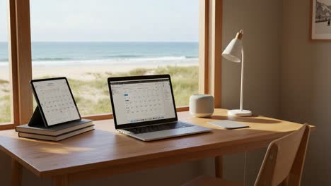 a tranquil workspace overlooking the ocean: a perfect blend of productivity and serenity in a modern home office