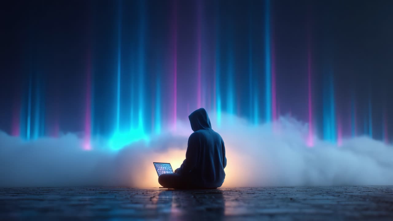 A solitary figure in a hoodie sits before a vibrant, colorful backdrop of digital waves and mist, immersed in a world of technology and creativity, evoking mystery and connection