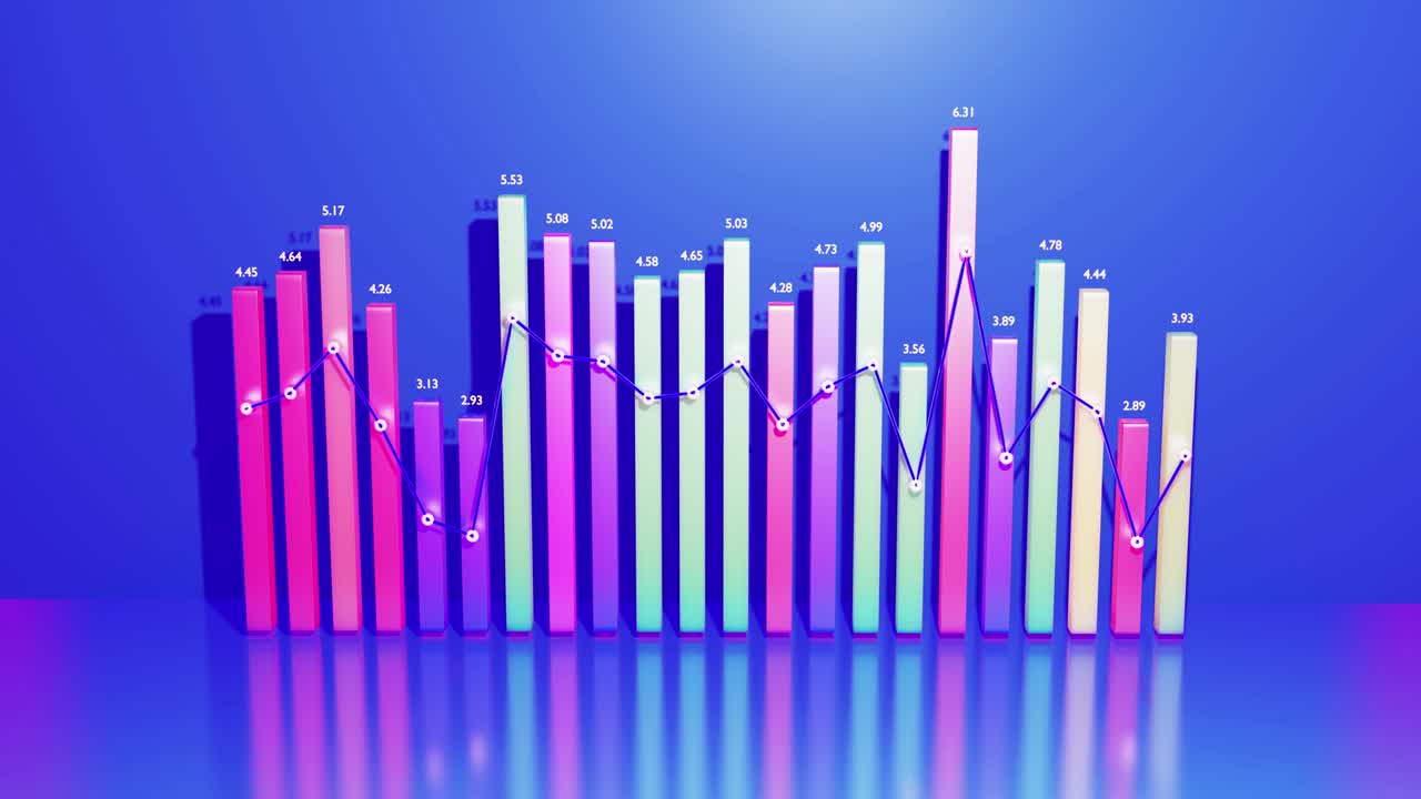 hermoso fondo en bucle 3d para programas analíticos con infografías abstractas, datos estadísticos. barras multicolores, contadores y gráficos. columnas 3d se mueven suavemente arriba y abajo en bucle. bg financiero