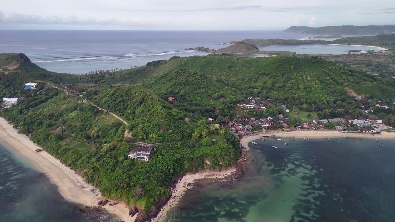 Tourism aerial rotates over Gerupuk Beach on Lombok island, Indonesia