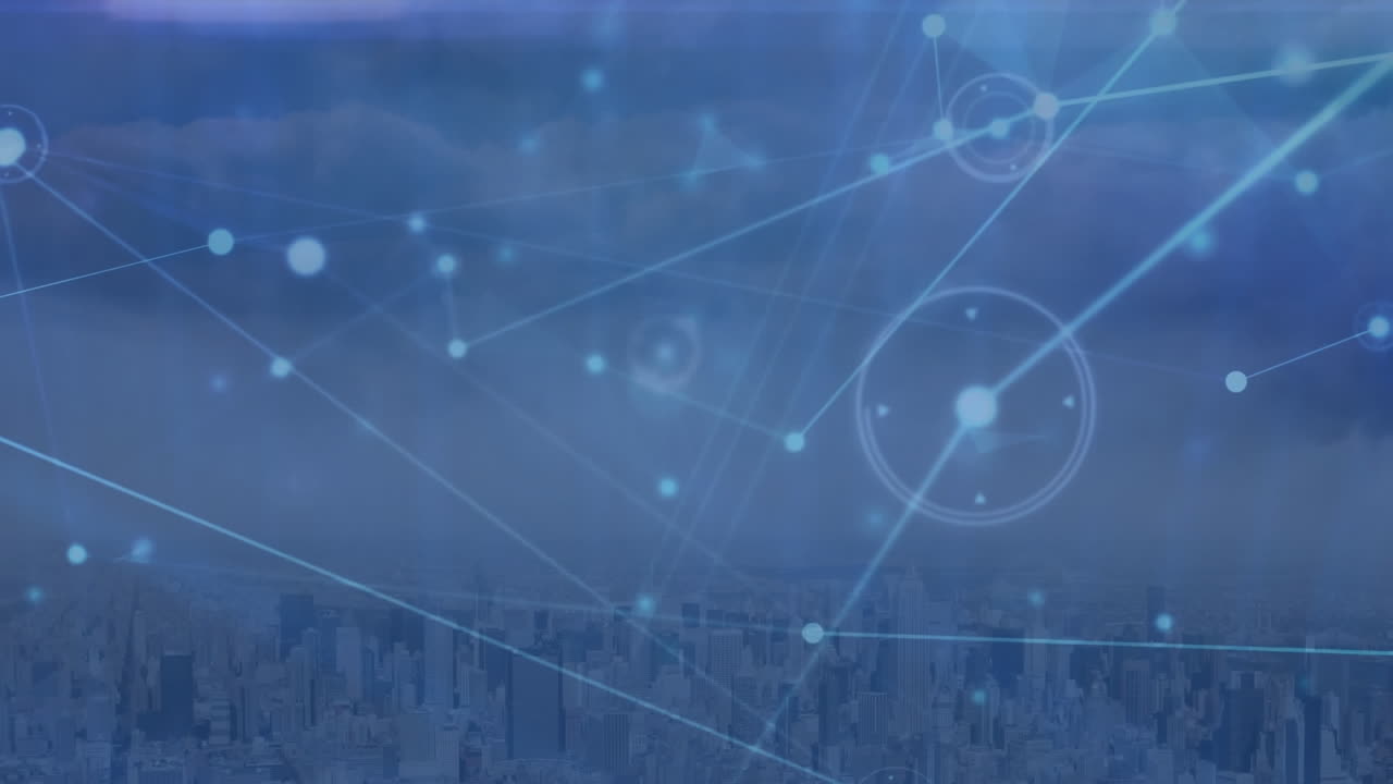 도시 풍경의 공중 시야에 대한 빛나는 연결 네트워크의 애니메이션