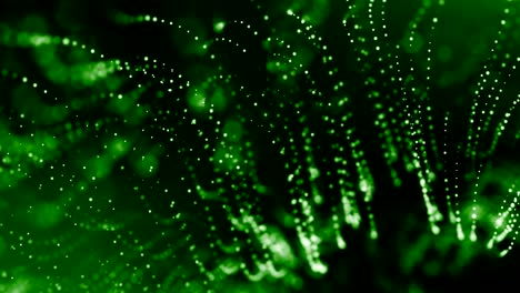 4k 3d render of glow particles as abstract seamless dynamic background with depth of field and bokeh. science fiction or microcosm, space or digital abstract space. 3d loop animation. green strings 3