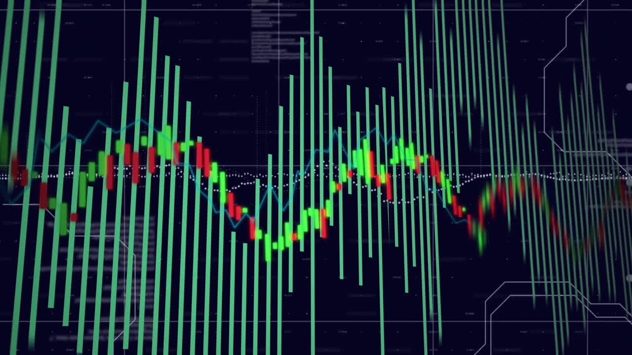 Financial data analysis with fluctuating stock market graph animation over dark background