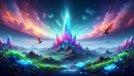 a vivid fantasy landscape featuring a towering crystal mountain, surrounded by lush vegetation and spectacular flying creatures against a dramatic sky