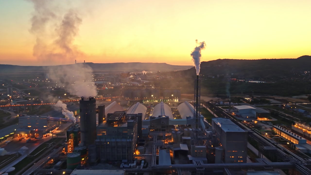 Area industriale al tramonto con fumo che sale dalle fabbriche lungo il paesaggio
