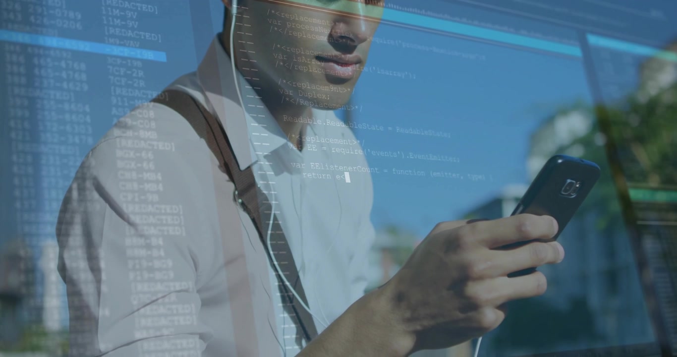 Young Professional Using Smartphone with Digital Code Overlay